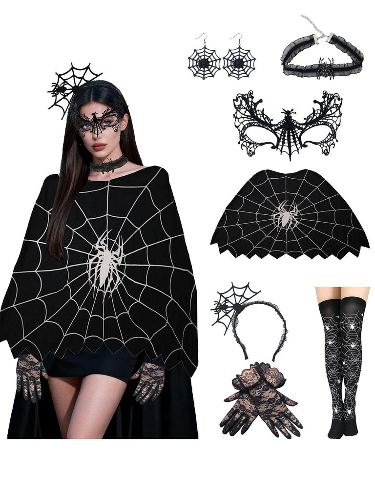 Schwarzes Halloween-Accessoire-Set mit Spinnennetz-Umhang