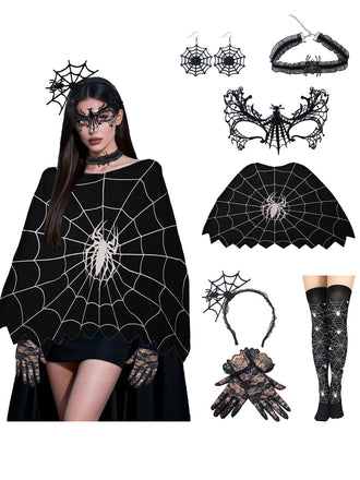 Schwarzes Halloween-Accessoire-Set mit Spinnennetz-Umhang