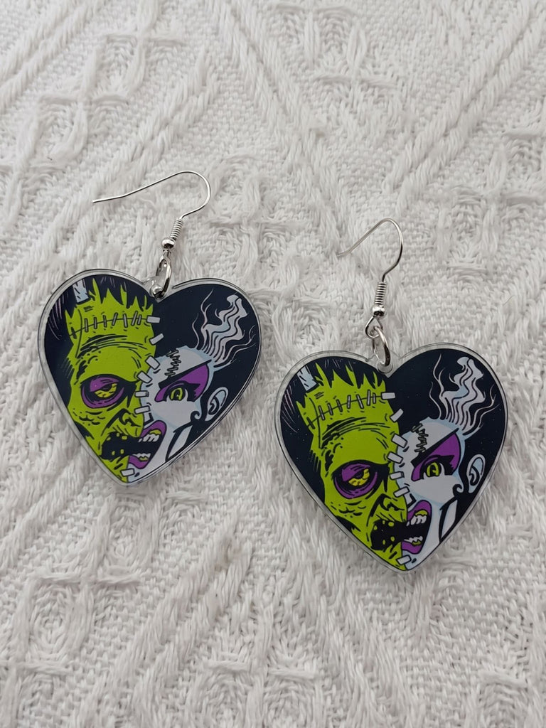 Halloween Herz-Ohrhänger mit Frankenstein-Braut-Print