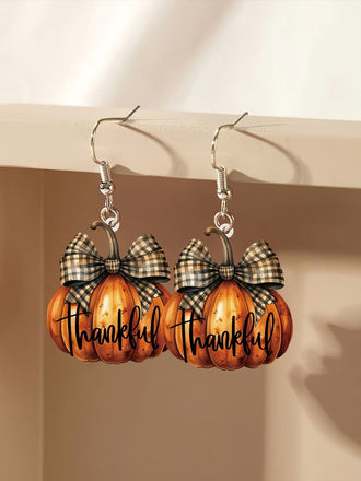 Orange Kürbis-Ohrringe mit Karo-Schleife für Thanksgiving