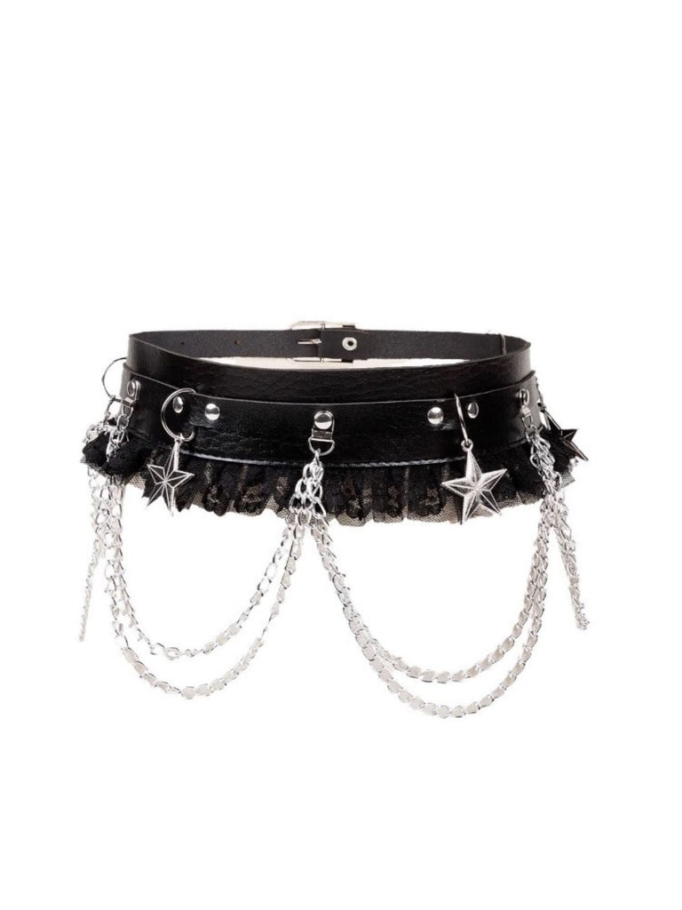 Schwarzer Gothic-Taillengürtel mit Spitzenrüschen und Sternkette