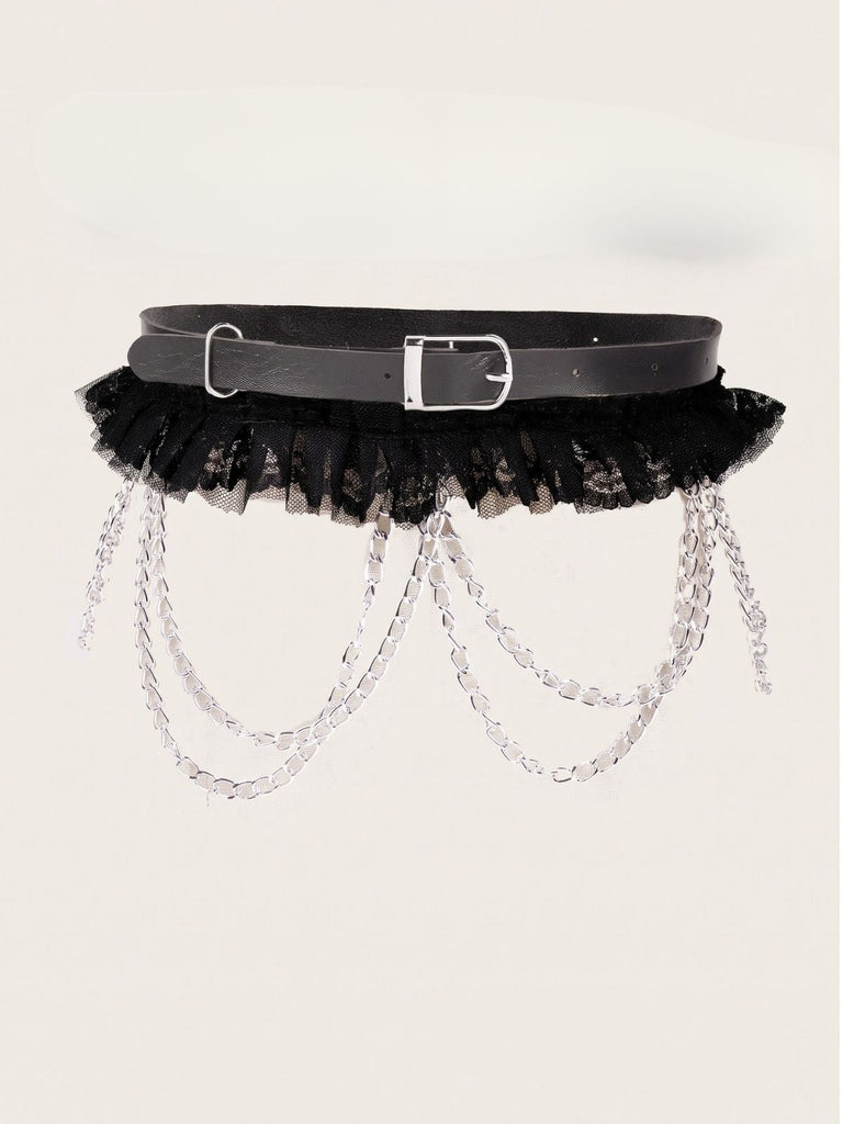 Schwarzer Gothic-Taillengürtel mit Spitzenrüschen und Sternkette