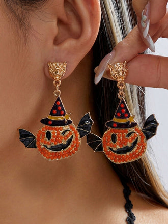 Halloween-Ohrringe mit Hexenhut, Kürbis, Fledermaus und Strass