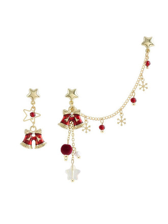 Rote asymmetrische Weihnachts-Ohrhänger mit Glöckchen, Sternen und Kettchen