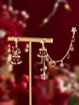 Rote asymmetrische Weihnachts-Ohrhänger mit Glöckchen, Sternen und Kettchen