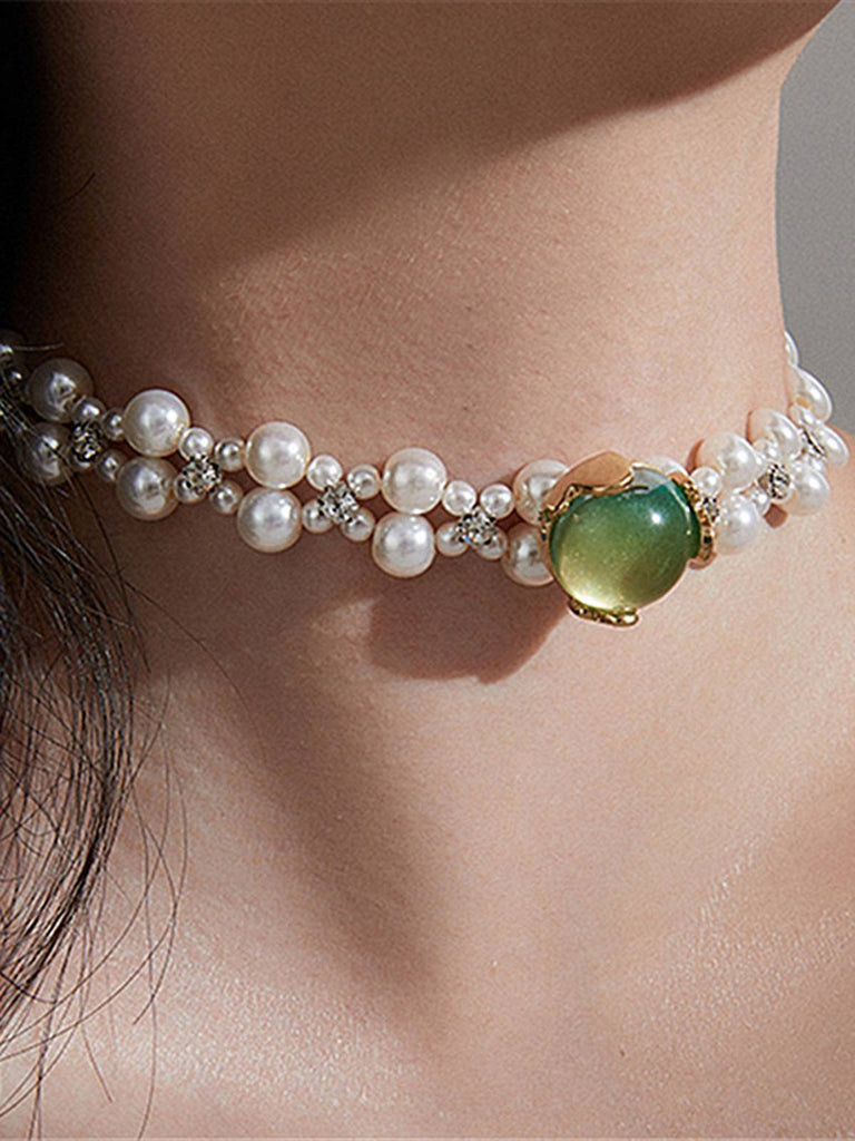 Weiß Perle & Grün Künstliche Edelstein Halskette
