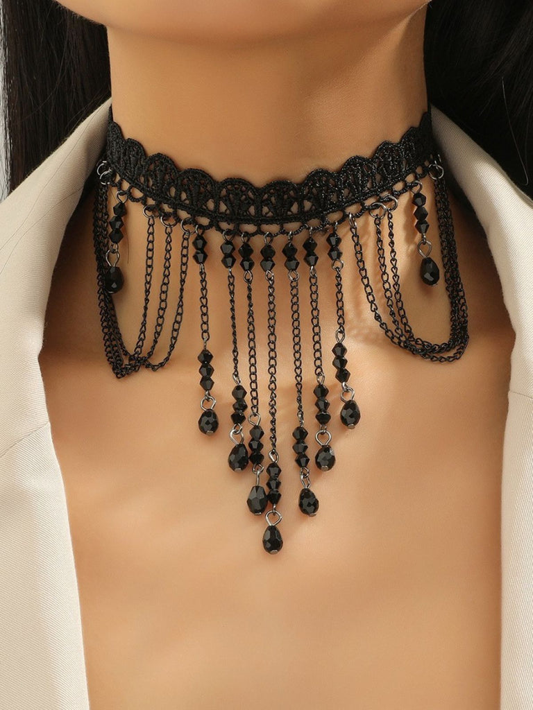 Schwarz Halloween Gotisch Spitze Perlen Halsband Halskette