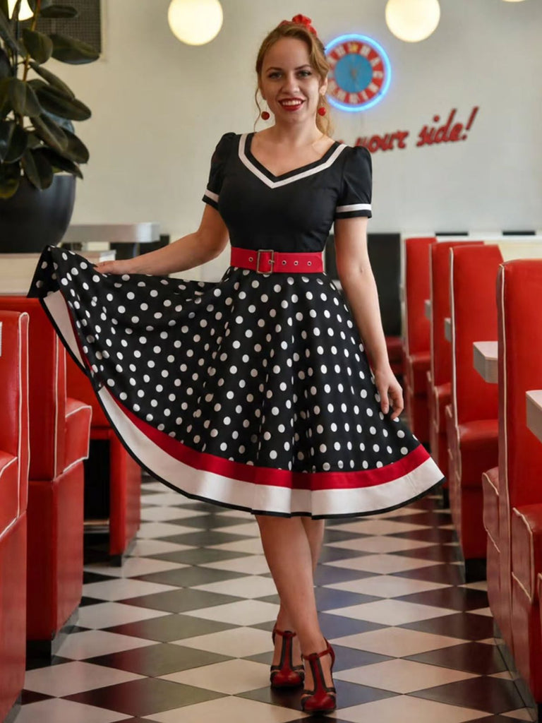 Schwarz 1950er Punkt Druck Patchwork Kleid