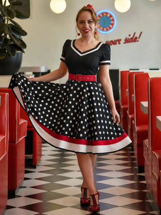Schwarz 1950er Punkt Druck Patchwork Kleid