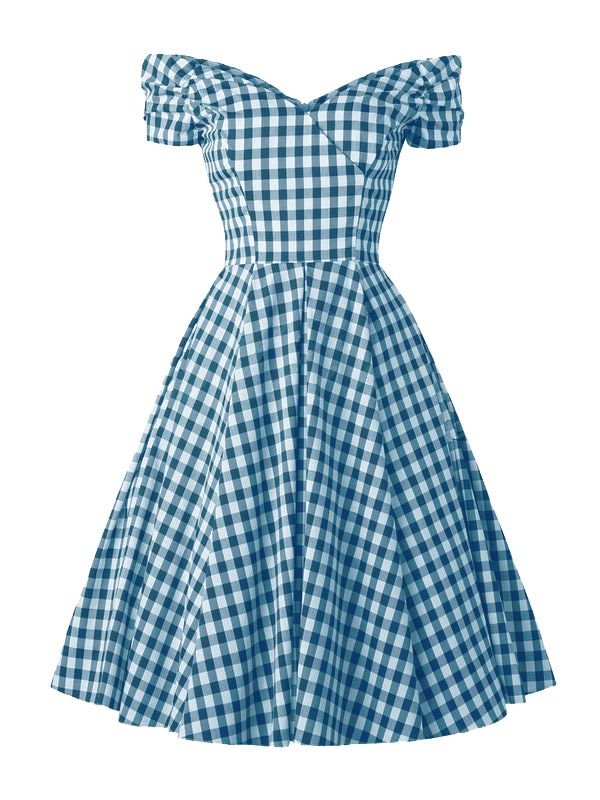[Vorverkauf] Blau 1950er Plaid Schulterfrei V-Ausschnitt Swing Kleid
