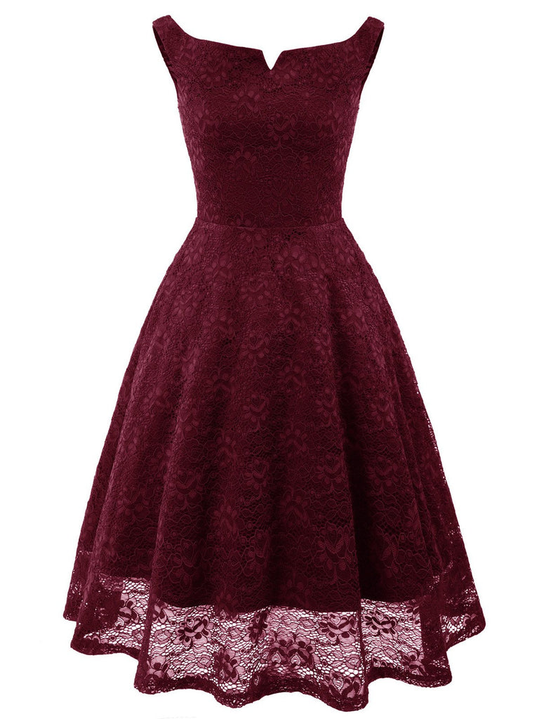 Weinrot 1950er Spitze Blumen Swing Kleid