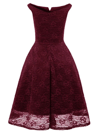 Weinrot 1950er Spitze Blumen Swing Kleid