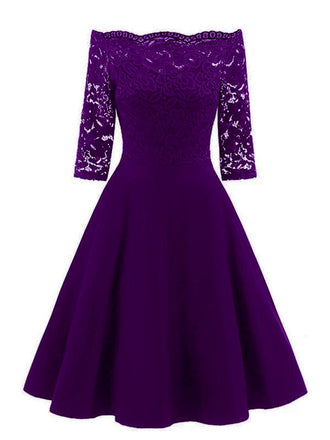 Lila 1950er Spitze Schulterfreies Blumen Swing Kleid
