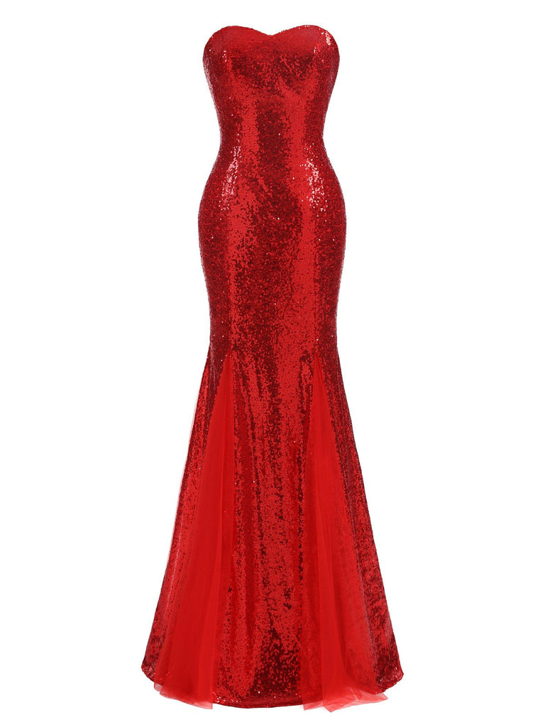 [Vorverkauf] Rot 1930er Vintage Pailletten Trägerlos Kleid