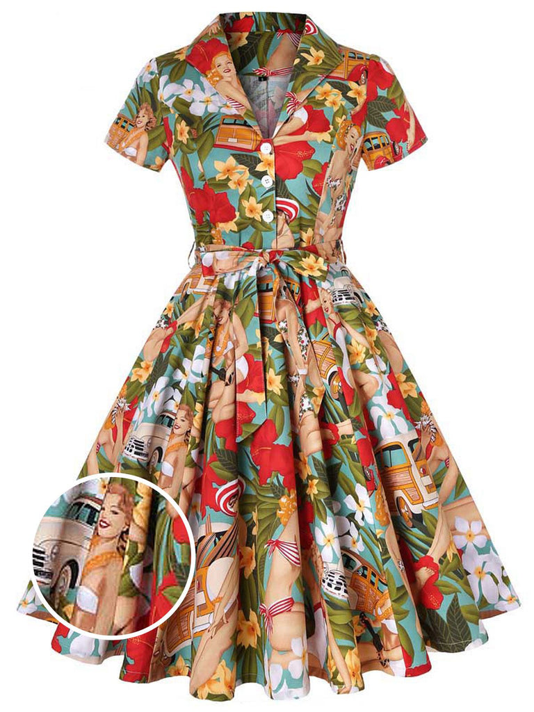 1950ER BLUMEN KURZARM SWING BLUSE KLEID