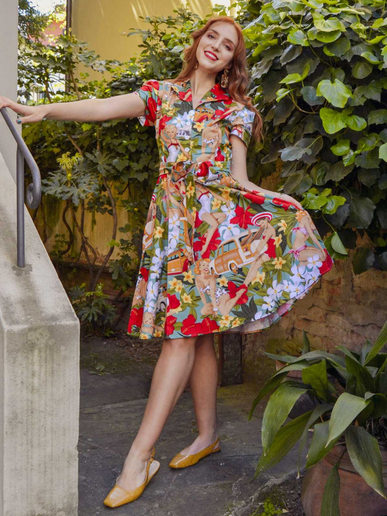 1950ER BLUMEN KURZARM SWING BLUSE KLEID