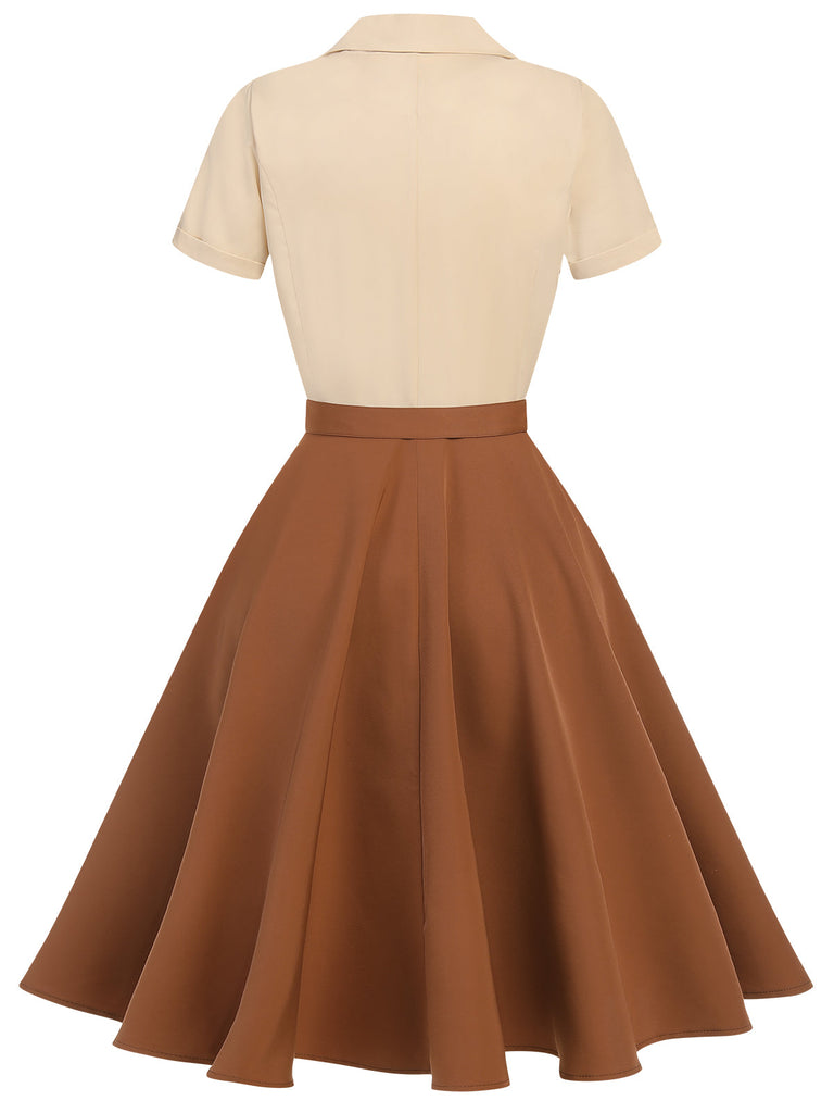 Khaki 1950er Patchwork V-Ausschnitt Kurzarm Swing Kleid