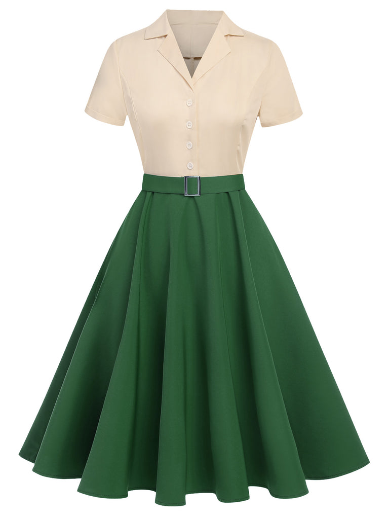 1950ER Patchwork V-Ausschnitt Kurzarm Swing Kleid