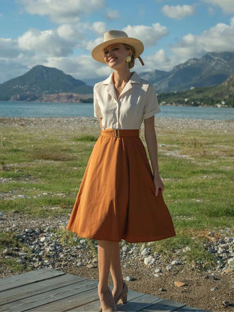 Khaki 1950er Patchwork V-Ausschnitt Kurzarm Swing Kleid