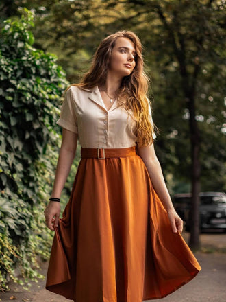 Khaki 1950er Patchwork V-Ausschnitt Kurzarm Swing Kleid