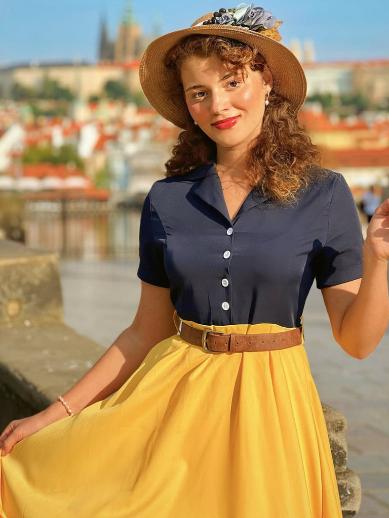 Blau & Gelb 1950er Patchwork V-Ausschnitt Kurzarm Swing Kleid