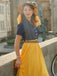 Blau & Gelb 1950er Patchwork V-Ausschnitt Kurzarm Swing Kleid