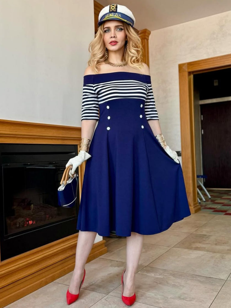 Marineblau 1950er Streifen Schulterfreies Kleid