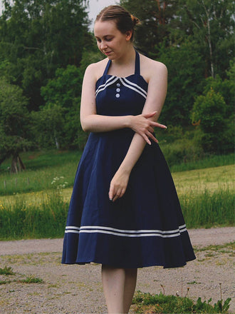 Marineblau 1950er Neckholder Rockabily Swing Kleid