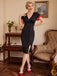 Schwarz 1960er Kurzarm V-Ausschnitt Pencil Kleid