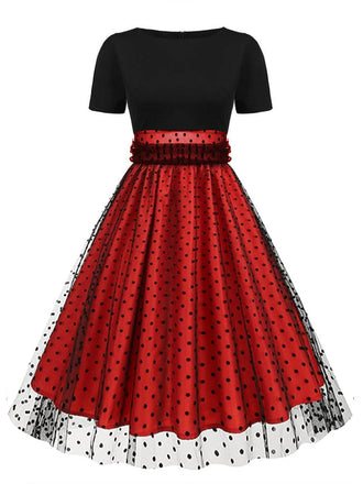 Rot & Schwarz 1950er Patchwork Polka Dots Swing Kleid