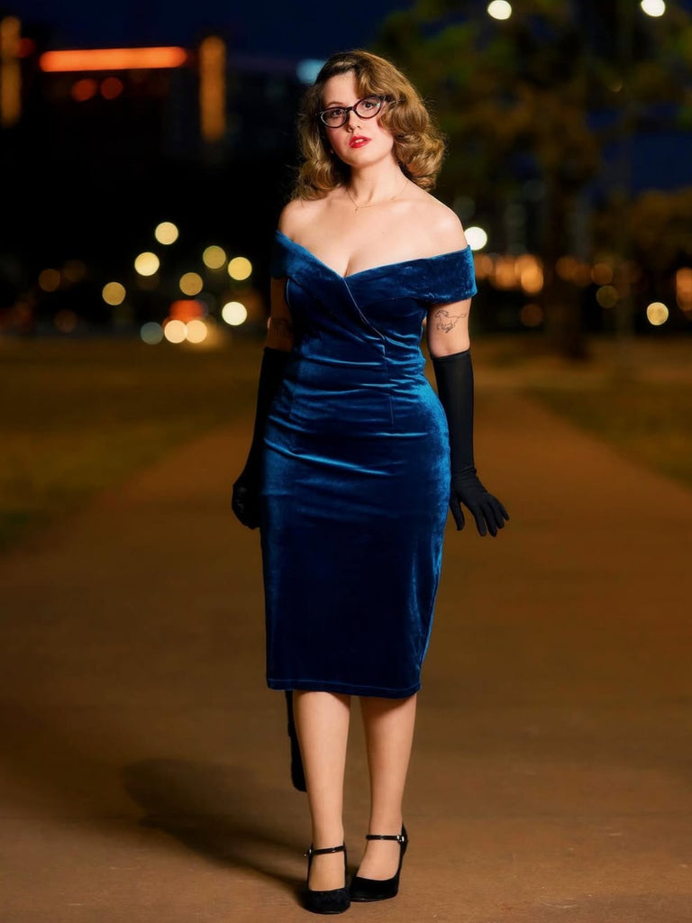 Blau 1960er Schulterfrei Pencil Kleid