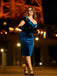 Blau 1960er Schulterfrei Pencil Kleid