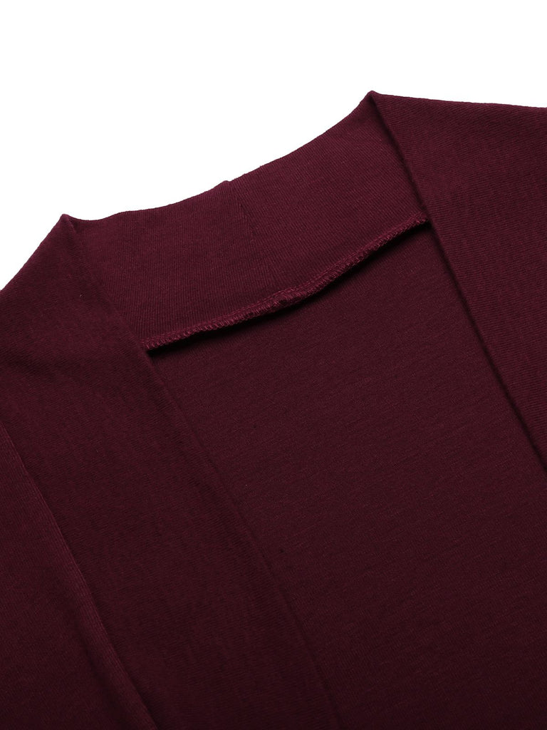 2PCS Weinrot 1960er Samt Lange Ärmel Bleistift Kleid