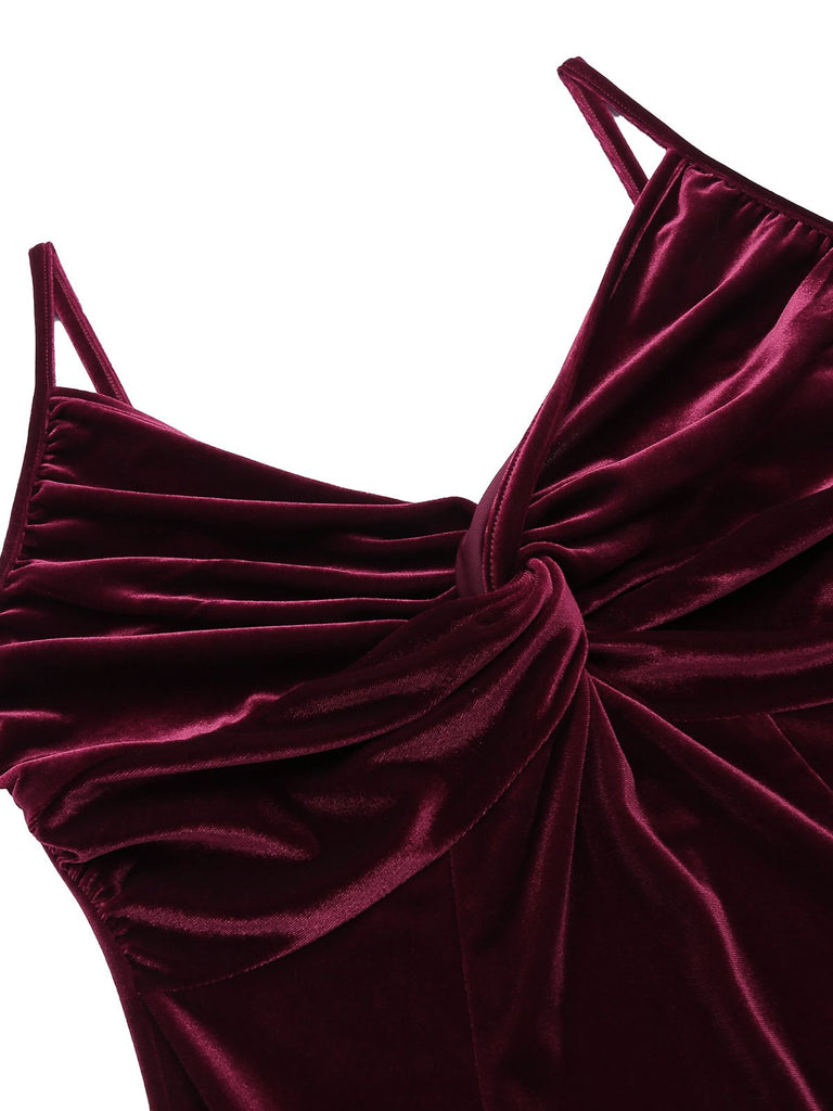 2PCS Weinrot 1960er Samt Lange Ärmel Bleistift Kleid