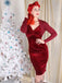 2PCS Weinrot 1960er Samt Lange Ärmel Bleistift Kleid