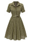 [Vorverkauf] Olivgrün 1950ER PLAID KURAZARM SWING KLEID