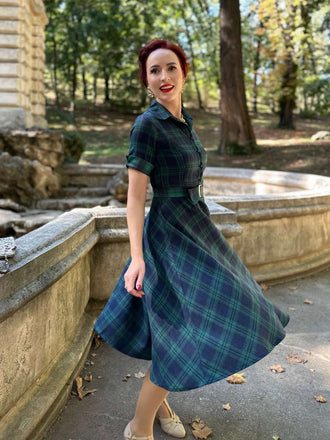 GRÜN 1950ER PLAID KURAZARM SWING KLEID