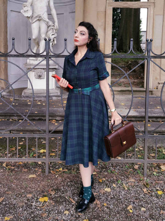 GRÜN 1950ER PLAID KURAZARM SWING KLEID