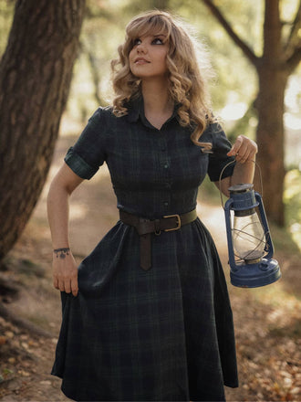 GRÜN 1950ER PLAID KURAZARM SWING KLEID