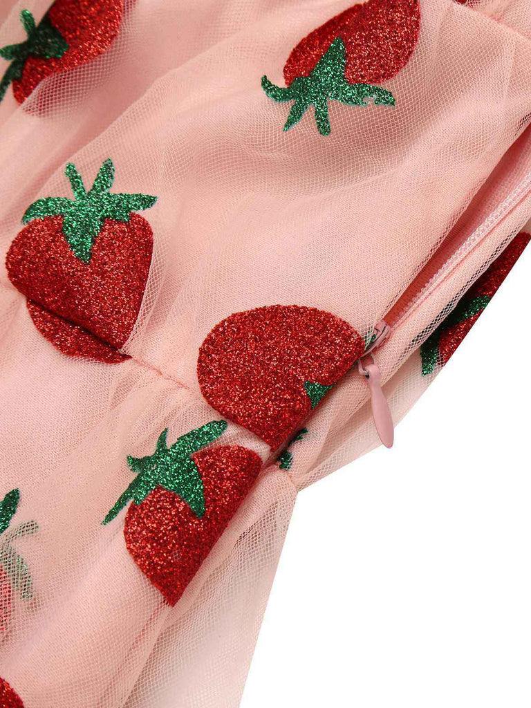 Rosa 1950er Spitze Erdbeere Swing Kleid