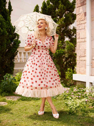 Rosa 1950er Spitze Erdbeere Swing Kleid