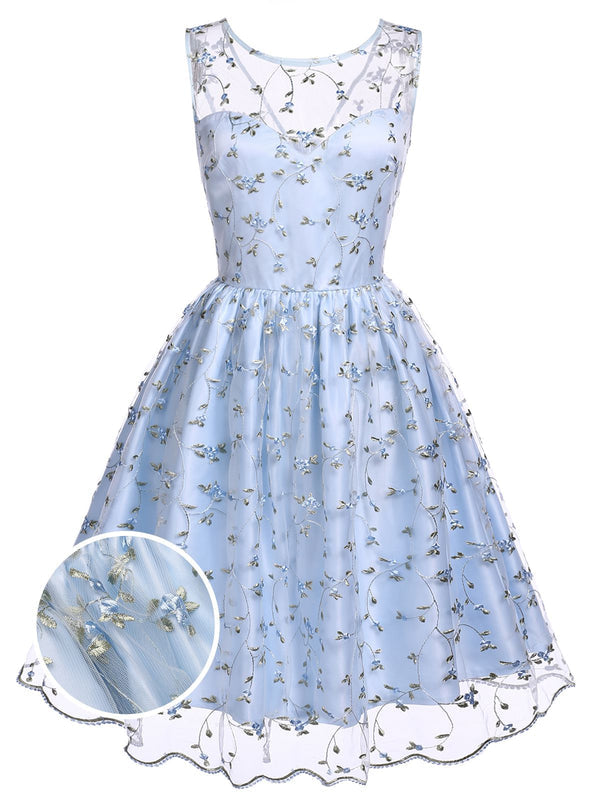 [Vorverkauf] Blau 1950er Spitze Blumen Swing Kleid