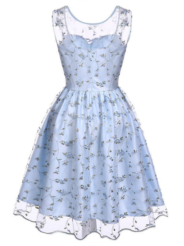 [Vorverkauf] Blau 1950er Spitze Blumen Swing Kleid