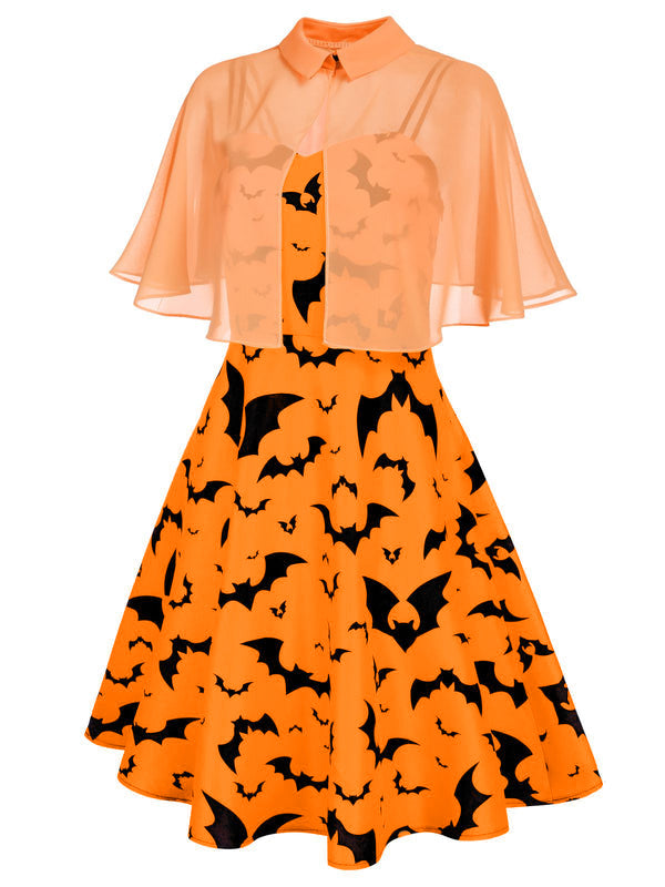 Orange 1950er Halloween Fledermaus Kostüm Kap Patchwork Kleid