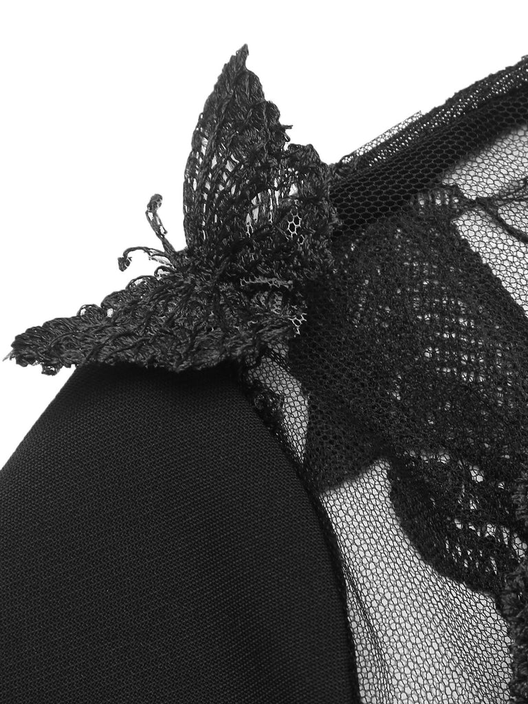 Schwarz 1960er Schmetterling Rückenfrei Bleistift Kleid