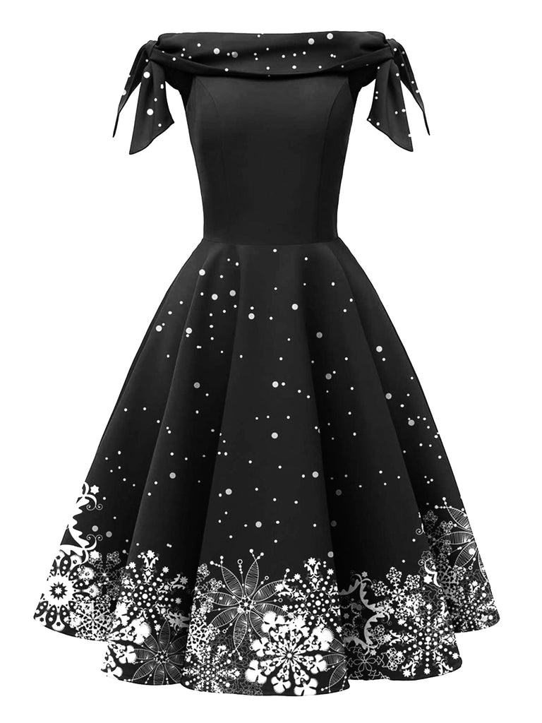 Grünes 1950er Weihnachten Schneeflocke Off-Shoulder Kleid
