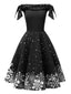 Schwarz 1950er Weihnachten Schneeflocke Off-Shoulder Kleid