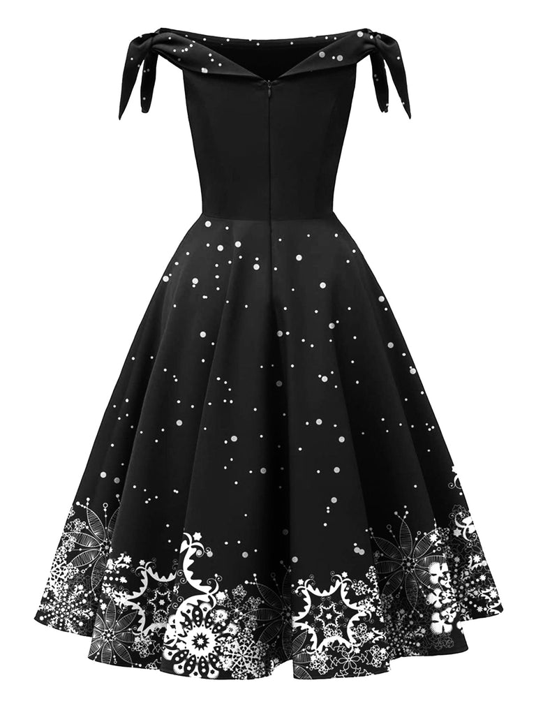 Grünes 1950er Weihnachten Schneeflocke Off-Shoulder Kleid