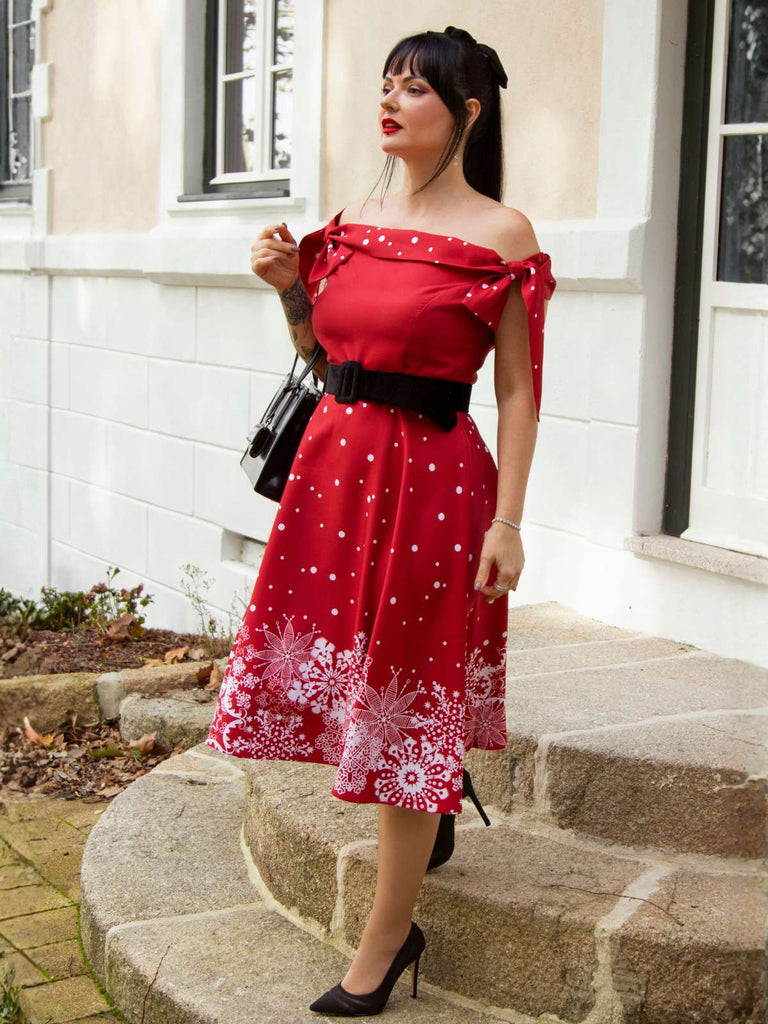 Rot 1950er Weihnachten Schulterfrei Schneeflocke Kleid