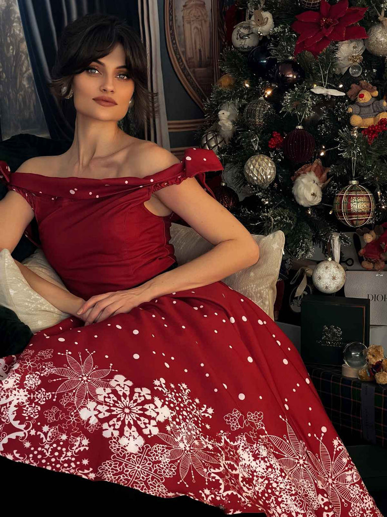 Rot 1950er Weihnachten Schulterfrei Schneeflocke Kleid